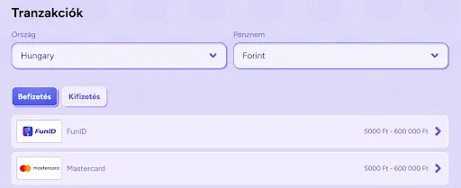 SpinBara fizetési módok Magyarországon – Forint pénznem, elérhető opciók: FunID és Mastercard