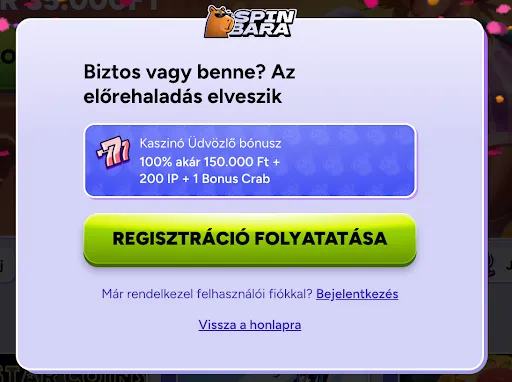 Figyelmeztetés a regisztráció megszakításáról a SpinBara oldalon – kaszinó bónusz ajánlattal