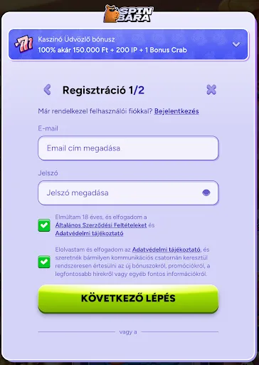 SpinBara regisztráció – e-mail és jelszó megadása, üdvözlő kaszinó bónusz 100% akár 150.000 Ft + 200 IP