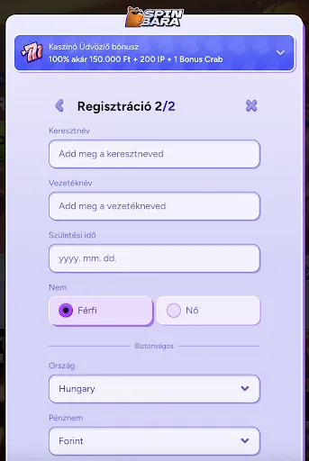 SpinBara regisztráció – személyes adatok megadása: keresztnév, vezetéknév, születési idő, nem, ország, pénznem