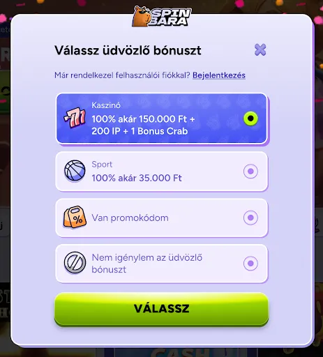 SpinBara üdvözlő bónusz kiválasztása – Kaszinó, Sport, Promókód vagy bónusz nélkül