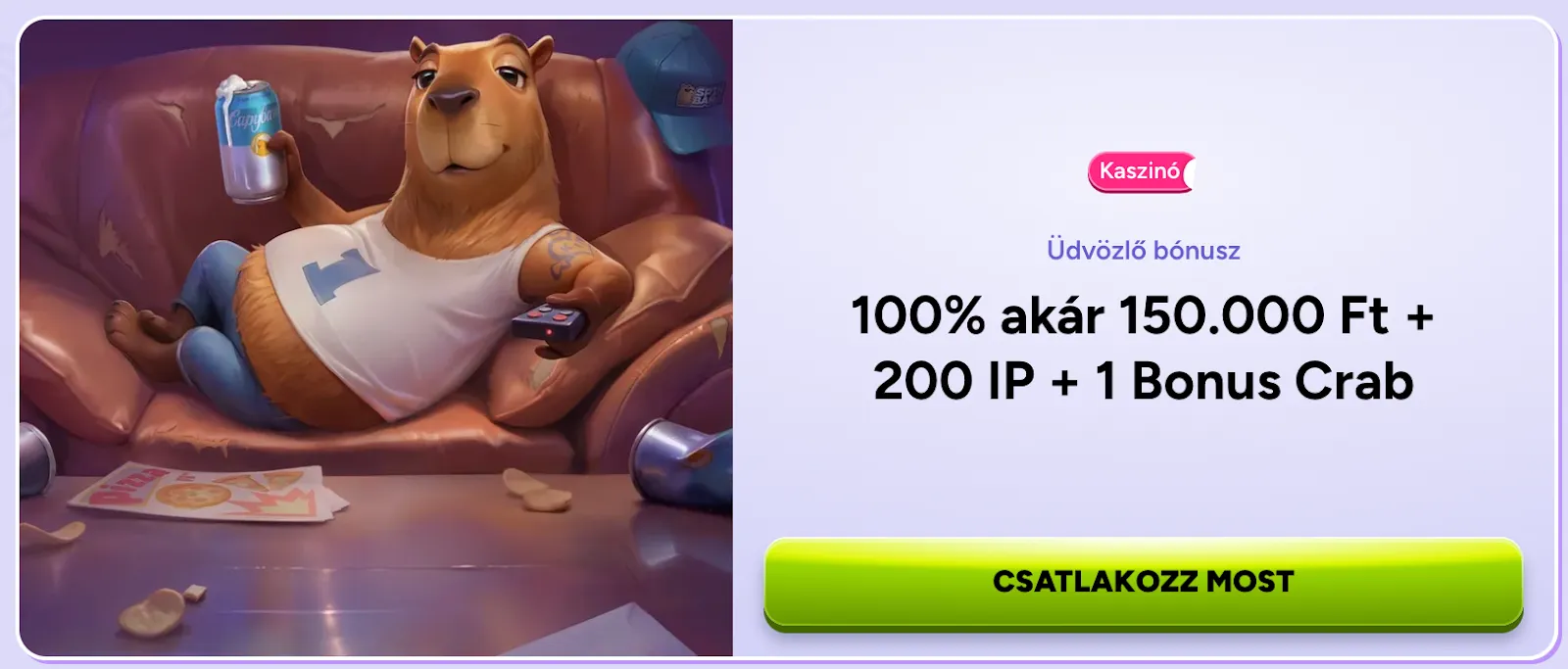 Kapibara egy kanapén ülve, sört iszik és tévét néz, mellette pizza és chipset