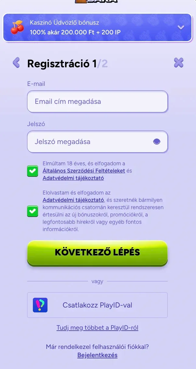 Regisztrációs űrlap a Spinbara casino