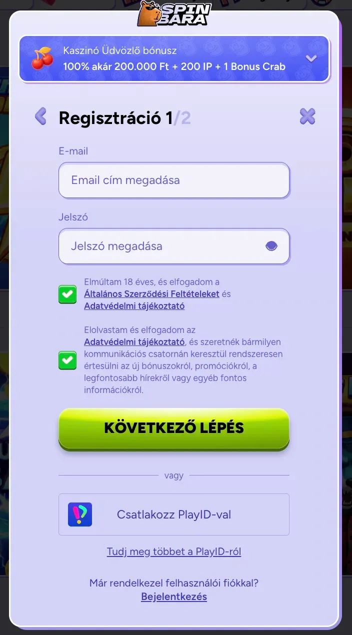 Regisztráció a Spinbara kaszinóban